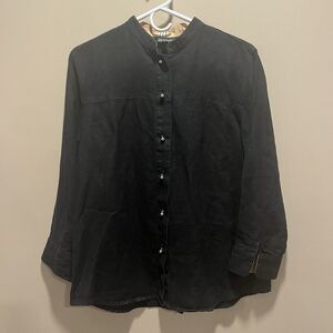 20 South Women's Black Linen Long Sleeve Mock Collar Blouse M Minimal Classic